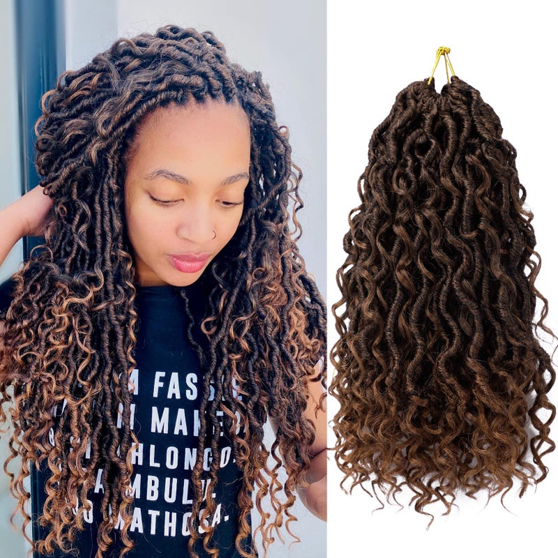 Goddess Locs Crochet Hair 12 Inch 7 Packs Ombre Brown Boho Faux Locs Crochet Hair for Black Women Pre Looped Crochet Locs with Curly Ends 1B30